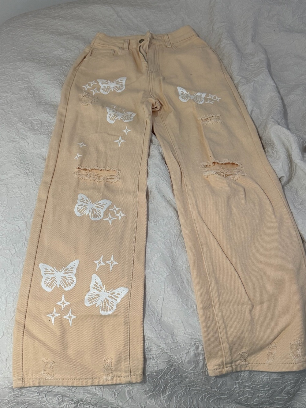 SHEIN Peach Wide-Leg Jeans with White Butterfly Print